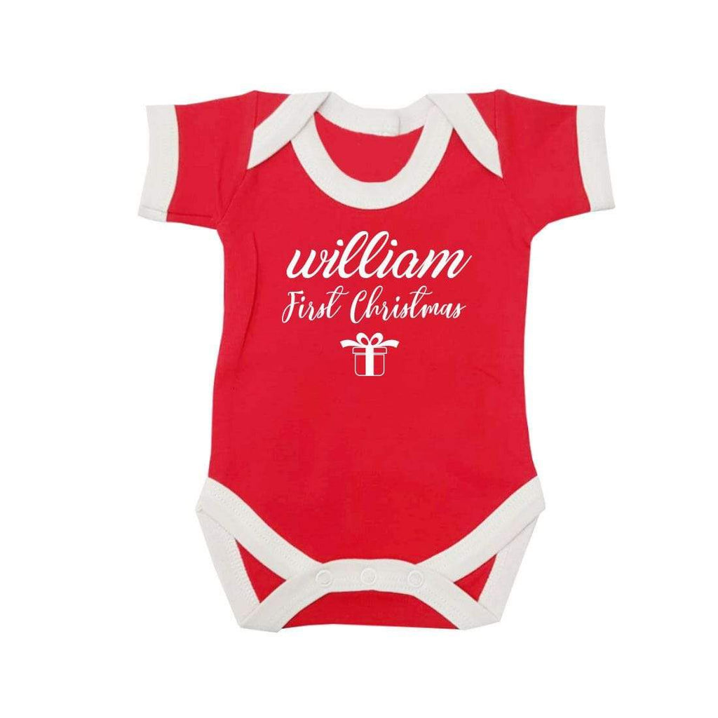 Personalised Name First Christmas Gift Girls Boys Baby Vest Hat Shoes Tiny 0-6M