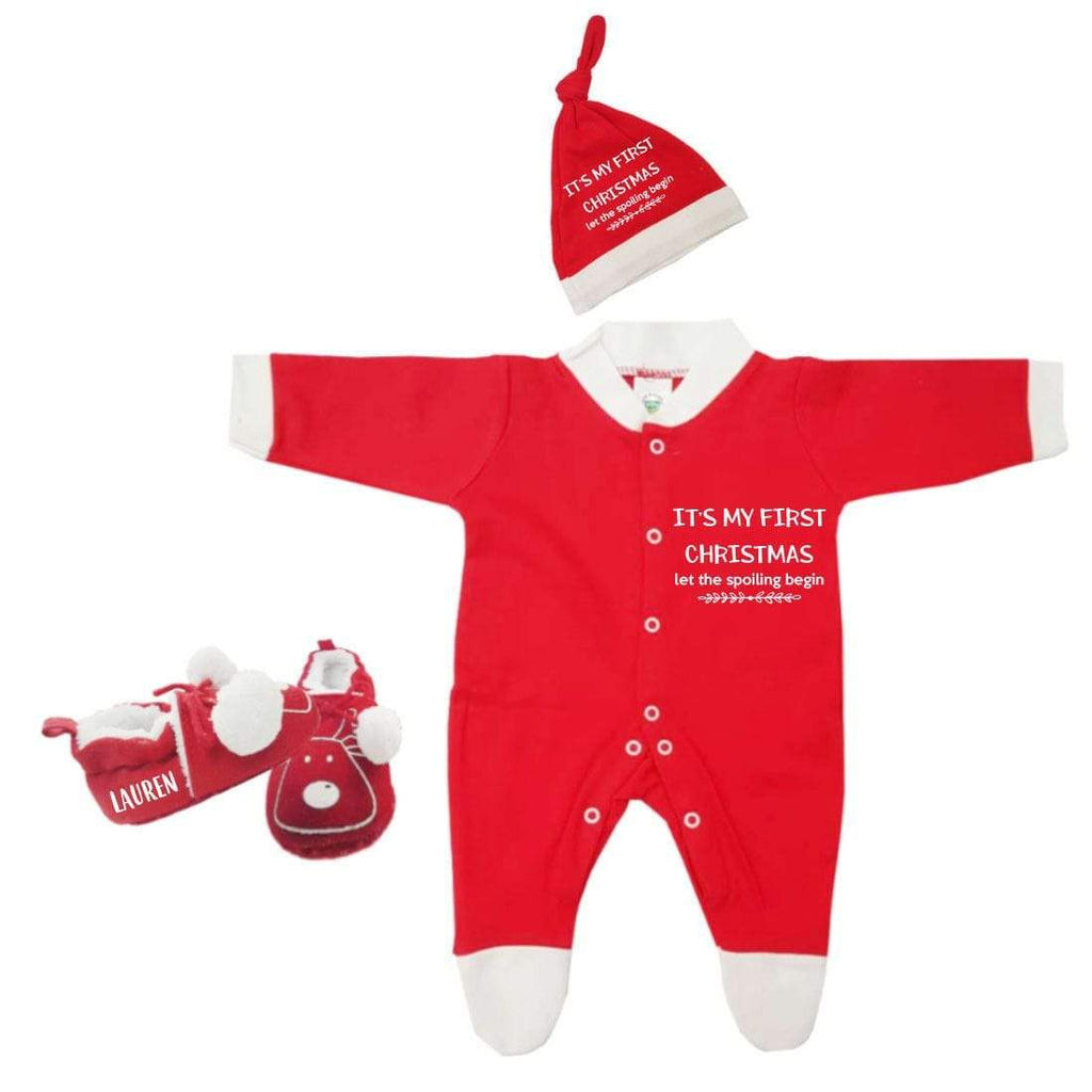 Personalised It's My First Christmas Girls Boys Baby Grows Hat Shoes Tiny 0-6M