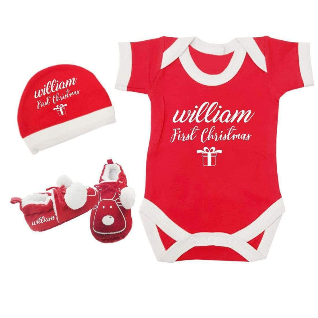 Personalised Name First Christmas Gift Girls Boys Baby Vest Hat Shoes Tiny 0-6M