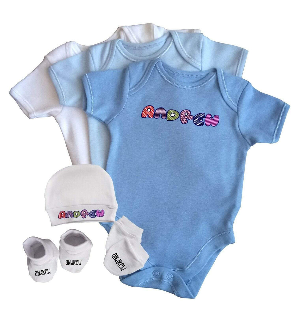 Personalised Name Girls Boy Baby Vest Hat Mittens Set New Born Child 0-1 2M