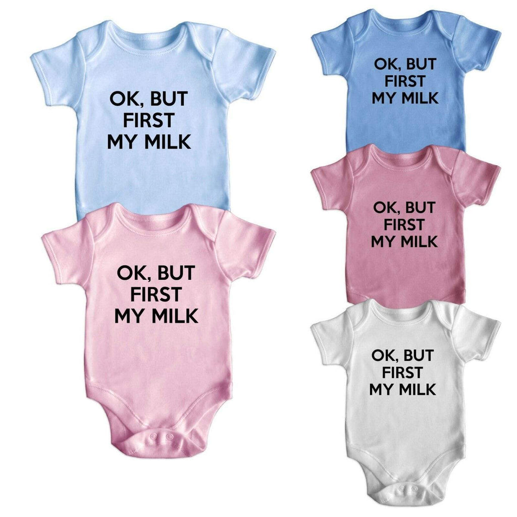 Ok But First My Milk Short Sleeve Boy Girl Rompers Baby Grows Newborn 0-18M