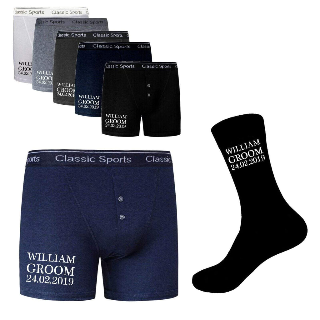 Personalised Mens Wedding Anniversary Gift Boxer Shorts Briefs Socks Sets GB D17