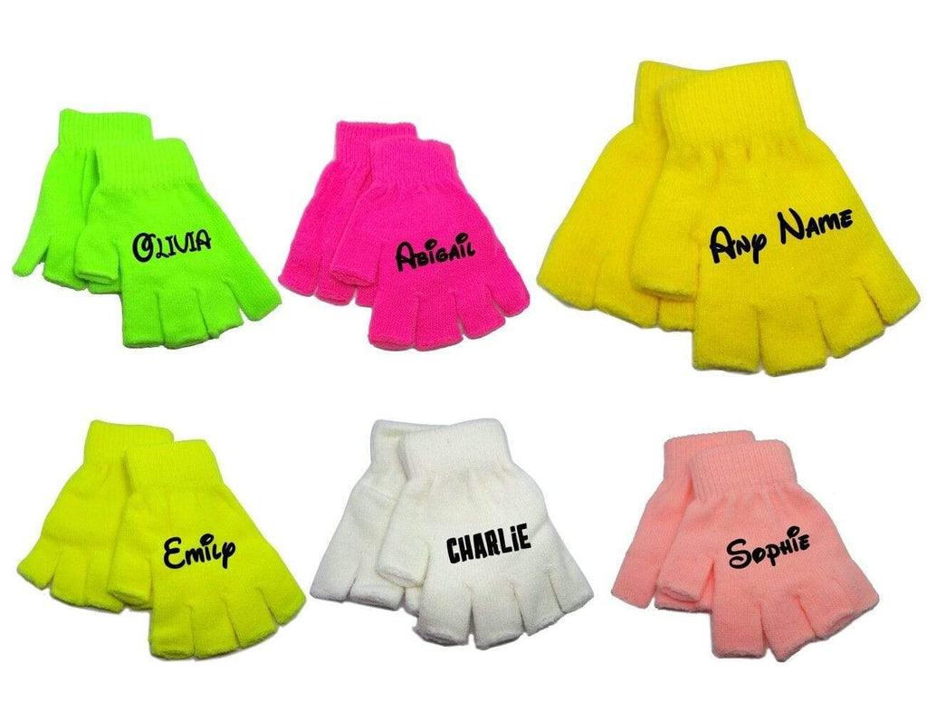 Children's Boys Girls Personalise Name Neon Colourful Finger less Gloves 3-16 YR