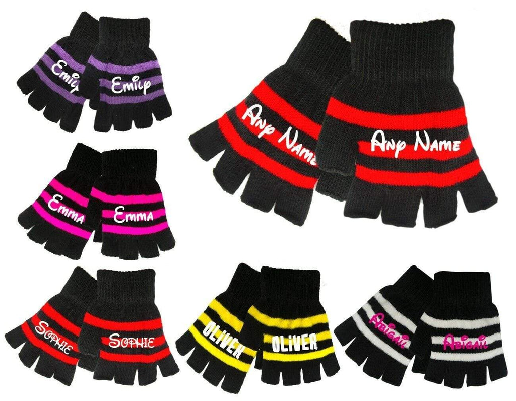 Personalised Magic Kids Winter Stripe Fingerless Gloves Teenagers With Name On