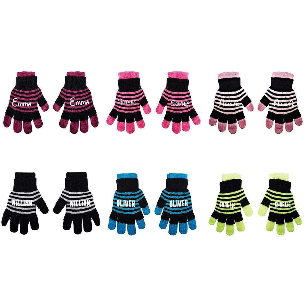 Personalise Name Kids Teenagers Stripes Boys Girls Winter Heat Mittens Gloves D3