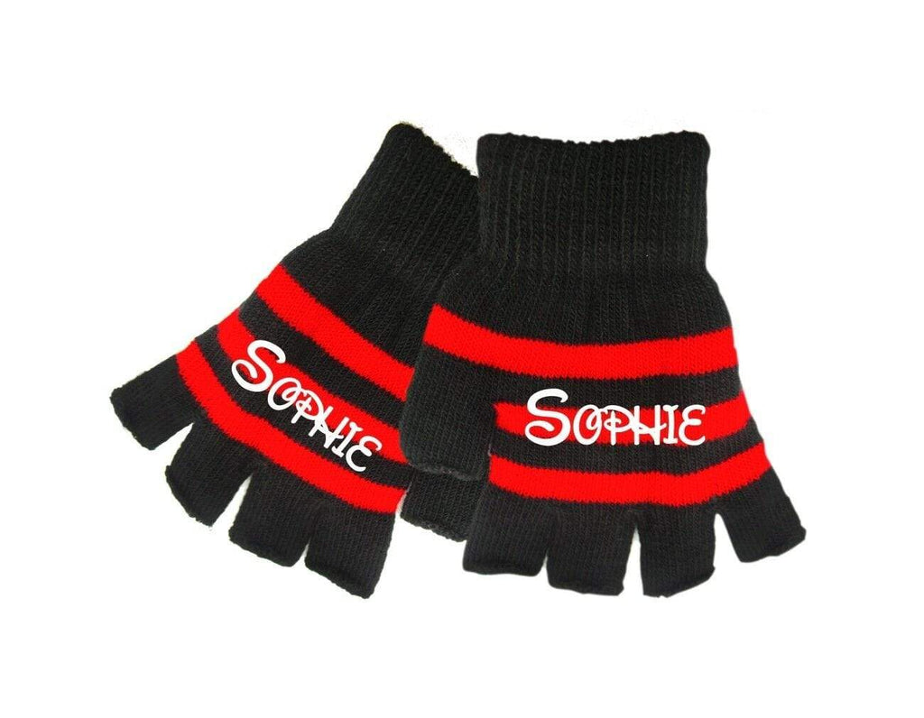 Personalised Magic Kids Winter Stripe Fingerless Gloves Teenagers With Name On