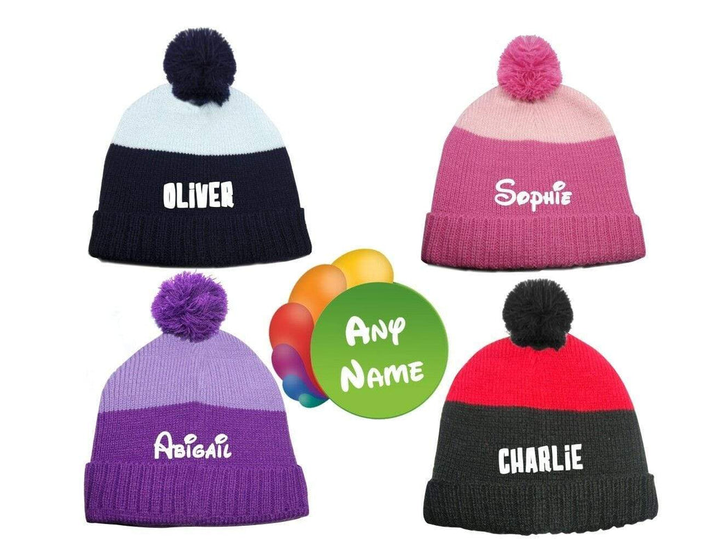 Children's Boys Girls Personalise Name 4 Colours Unique pom pom Winter Hats 3-10