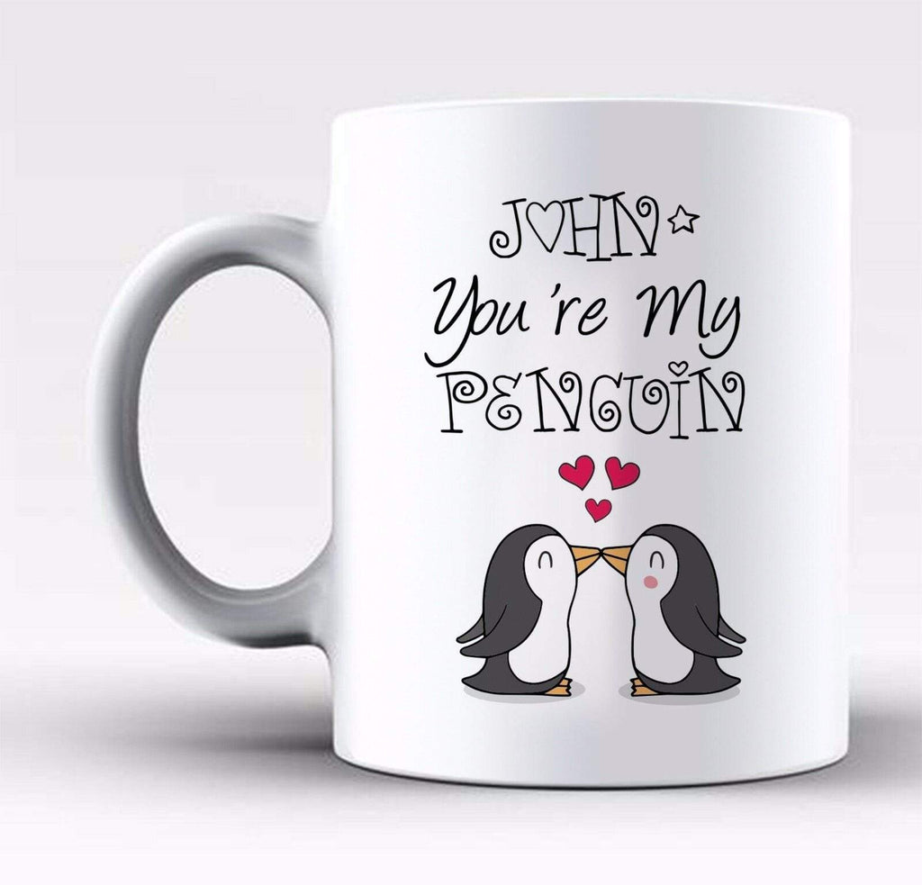 Personalised Cute Penguin Valentines Day Gift Mug With Any Name For Him Or Her