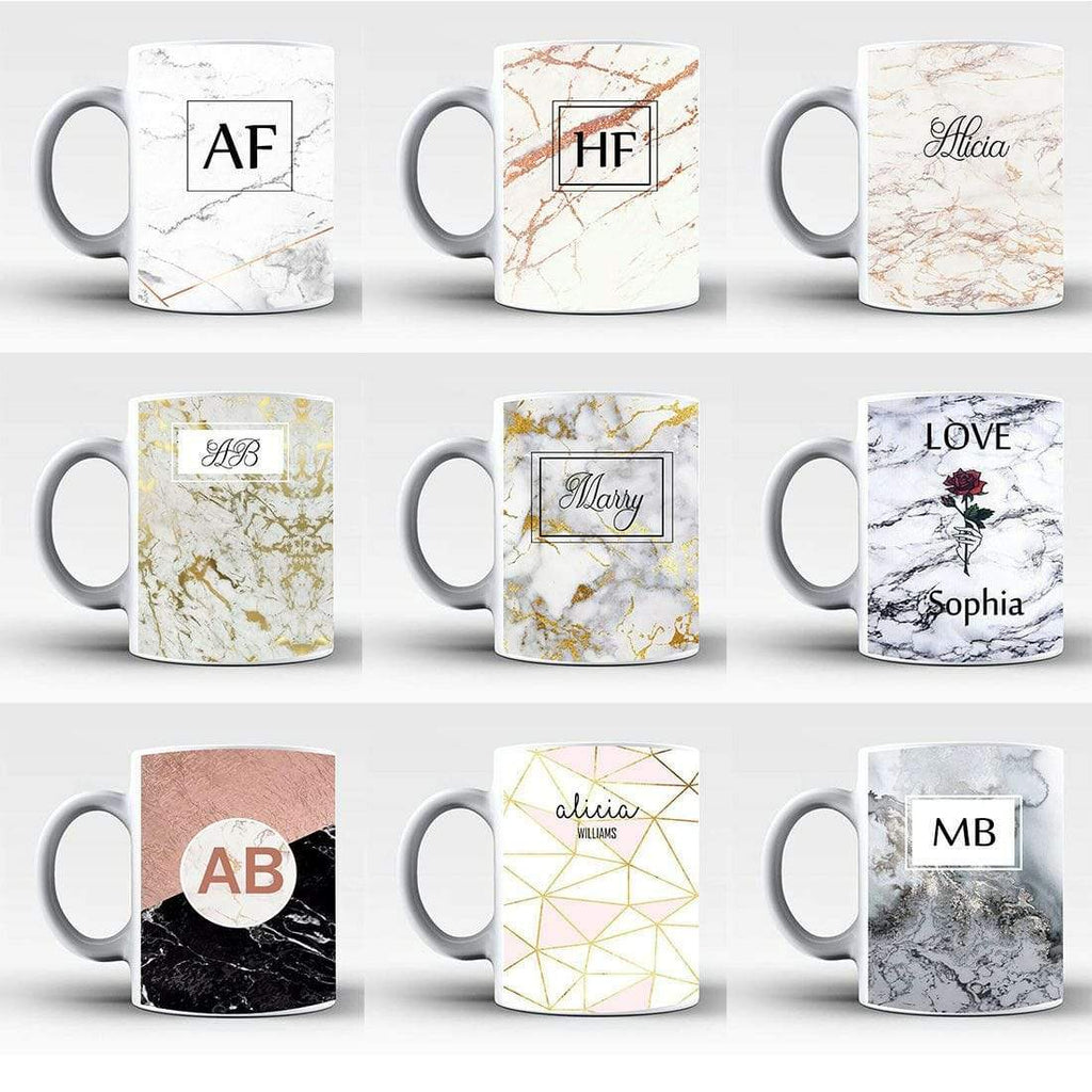 New Personalise Name Initials Marble Affect Print Glass Tea Coffee Gift Mug Cup