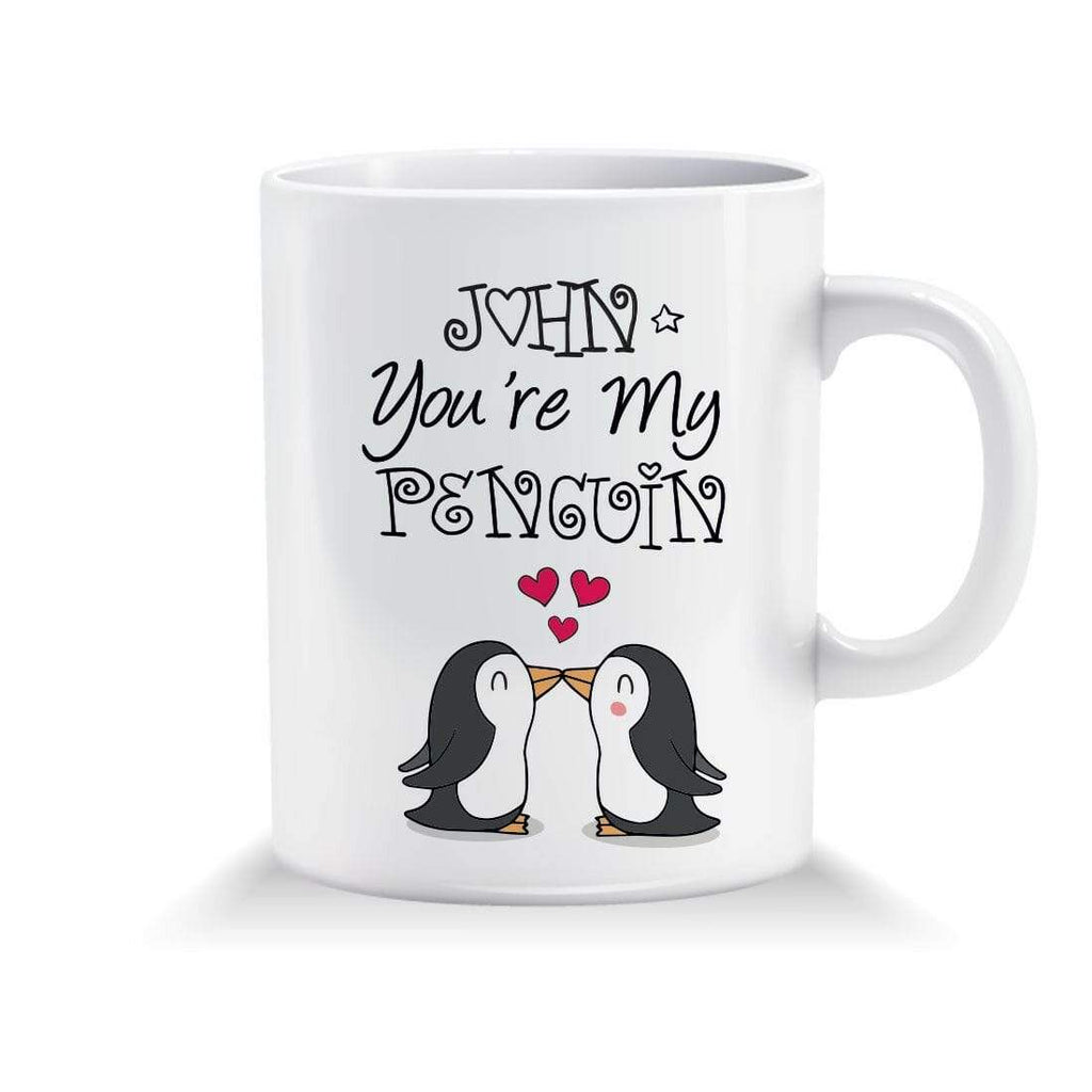 Cute Penguin Personalised Valentines Birthday Mug Coaster Card Set With Any Name