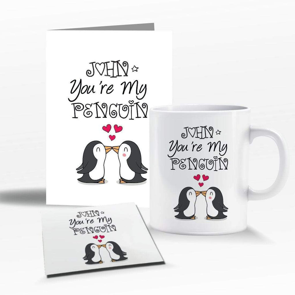 Cute Penguin Personalised Valentines Birthday Mug Coaster Card Set With Any Name