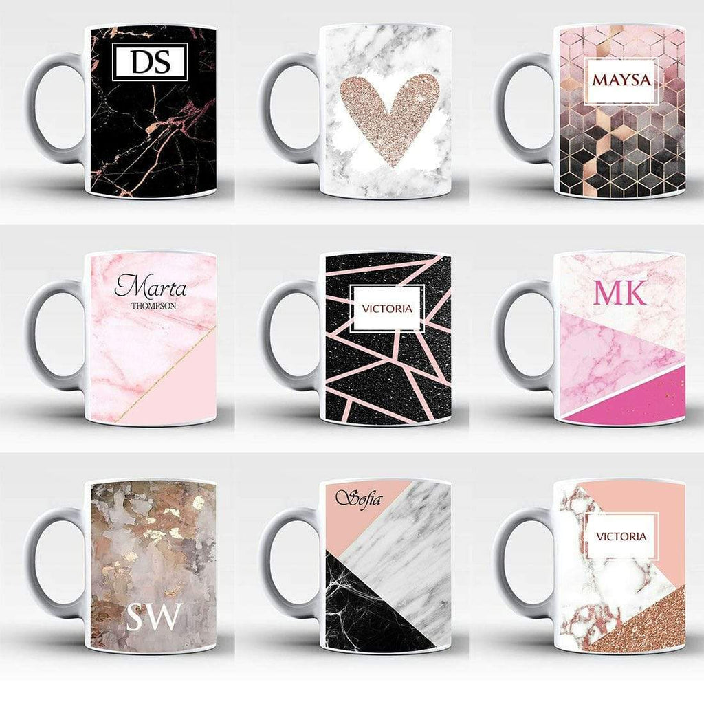 Personalise Name Initials Marble Affect Print Glass Tea Coffee Gift Mug Cup 2