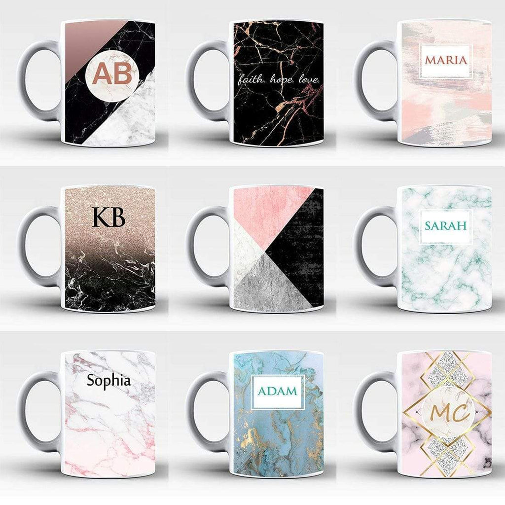 Personalised Name Initials Marble Affect Print Glass Tea Coffee Gift Mug Cup 3