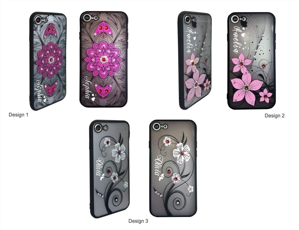 Personalise Name Diamante Floral Glittery Cover Case iPhone Models 6 7 Plus X