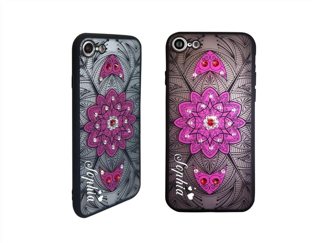 Personalise Name Diamante Floral Glittery Cover Case iPhone Models 6 7 Plus X