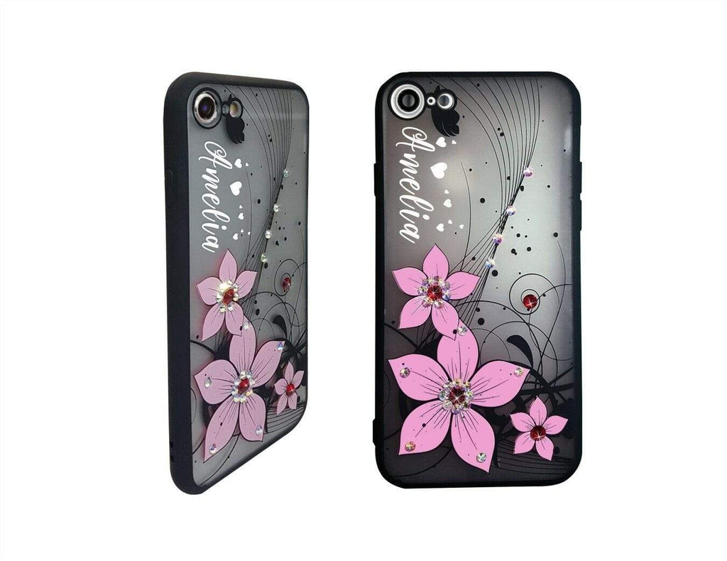 Personalise Name Diamante Floral Glittery Cover Case iPhone Models 6 7 Plus X