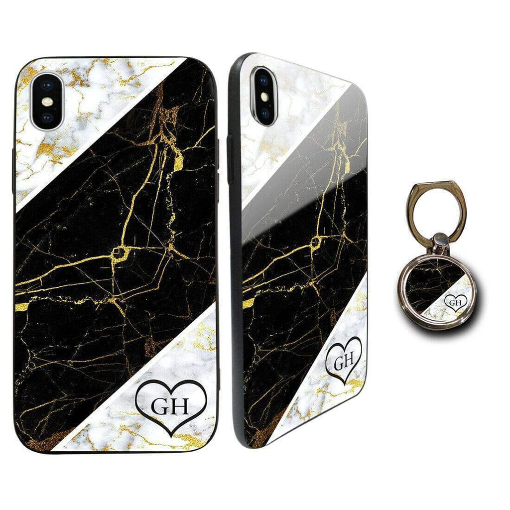 Personalised Tempered Glass Case FOR iPhone Samsung OPTIONAL Phone Holder Marble D4