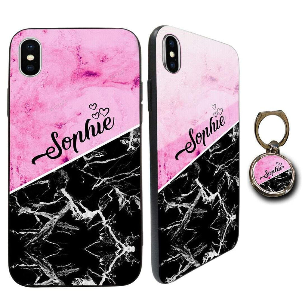 Personalised Tempered Glass Case FOR iPhone Samsung OPTIONAL Phone Holder Marble D6