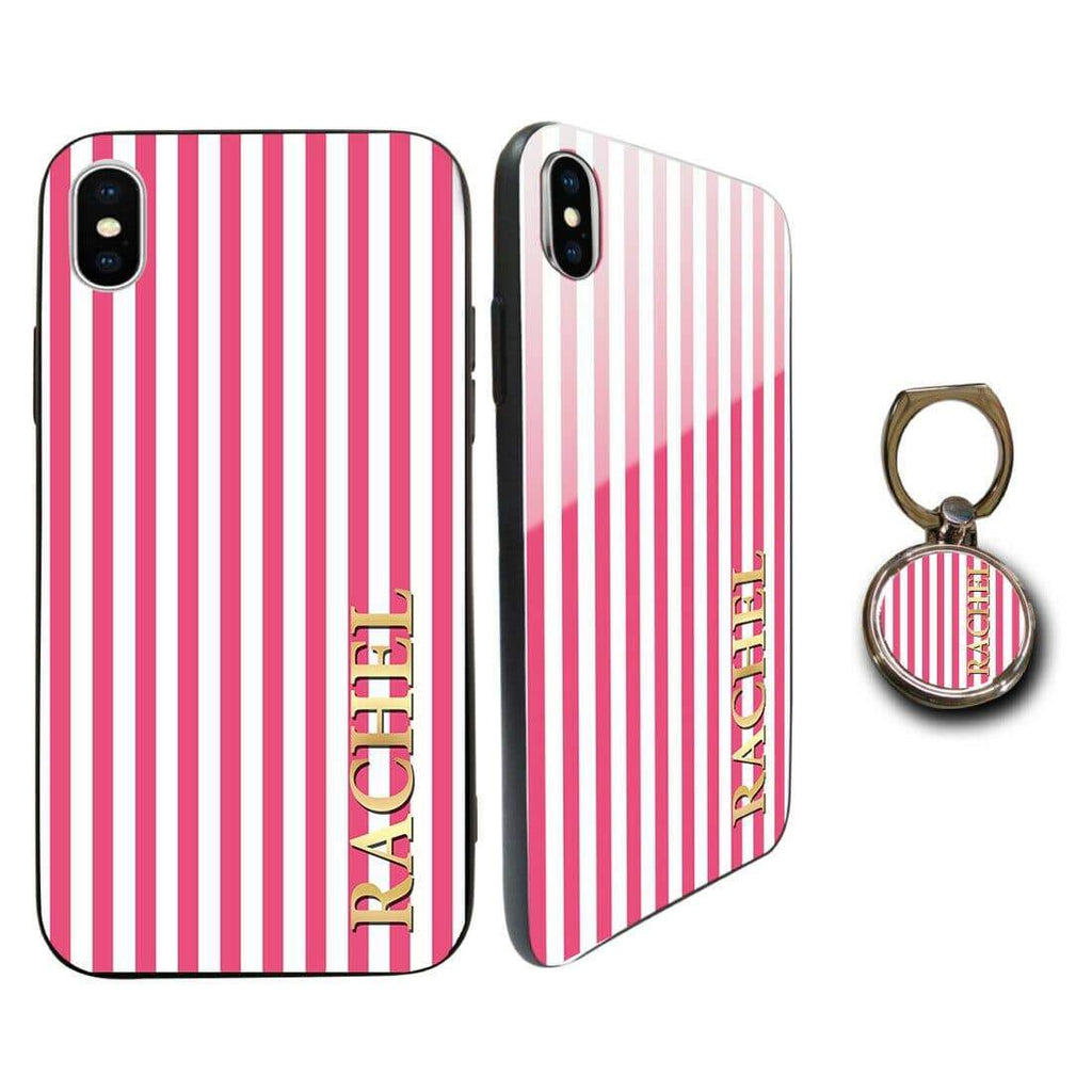 Personalised Tempered Glass Case FOR iPhone Samsung OPTIONAL Phone Holder Stripes 2