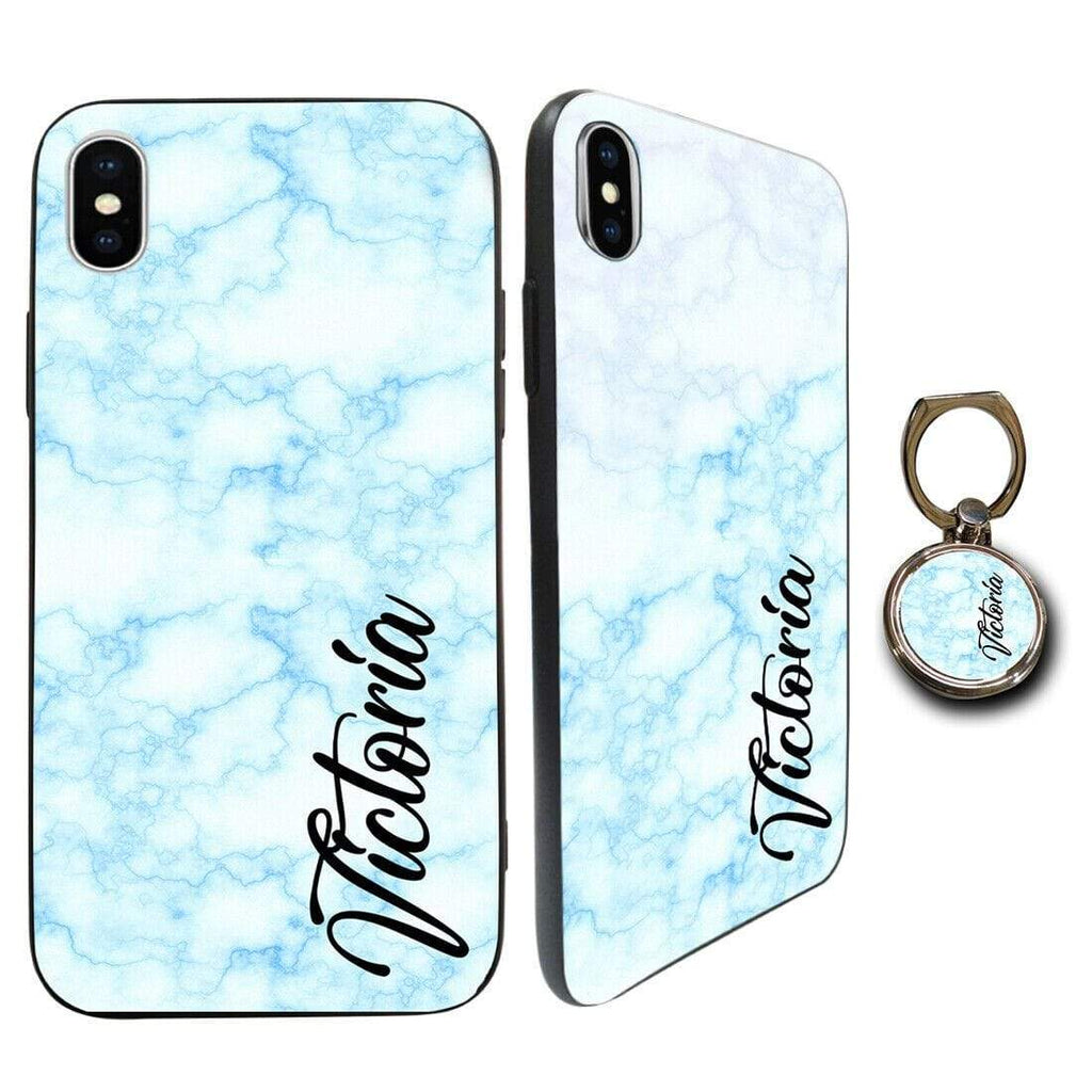 Personalised Tempered Glass Case FOR iPhone Samsung OPTIONAL Phone Holder Marble D7