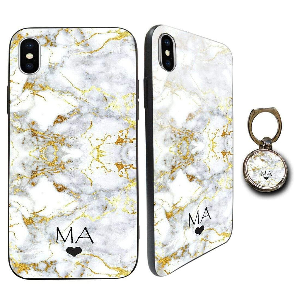 Personalised Tempered Glass Case FOR iPhone Samsung OPTIONAL Phone Holder Marble D5