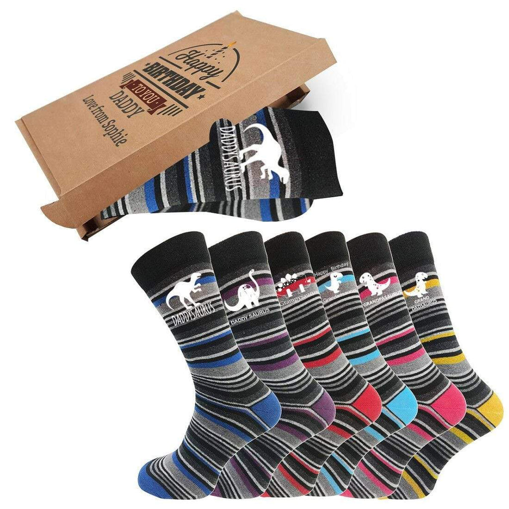 Men's Stripes Grandpa Daddy Dinosaur Birthday Socks Gift Box Present Sizes 6-11