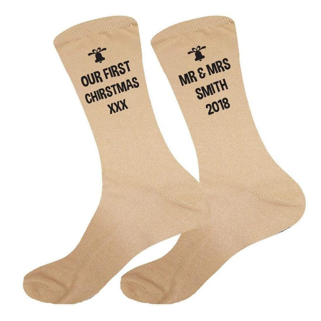 Mens Personalised Our First Mr & Mrs Christmas Socks Sizes 6-11,10-13 Big Foot