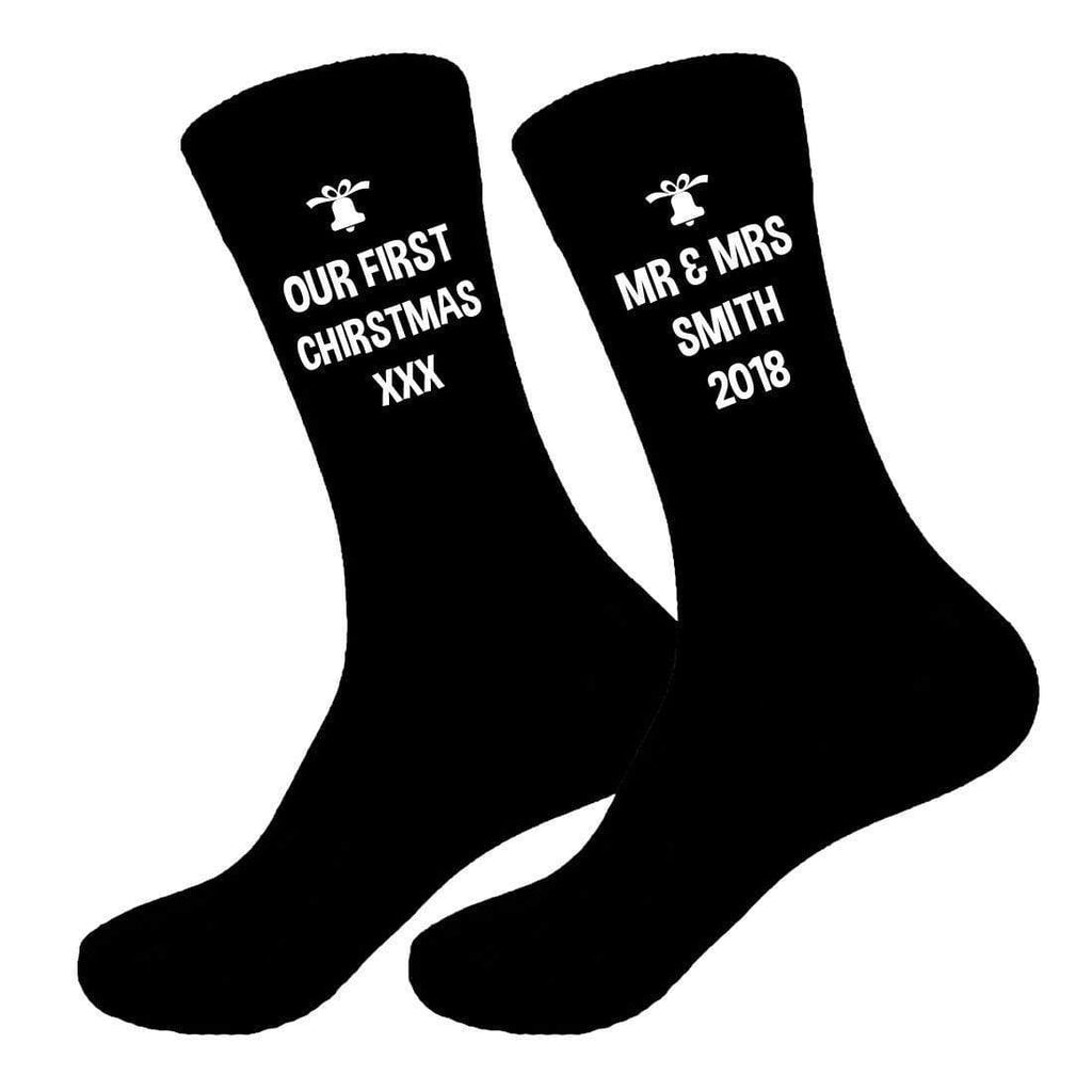 Mens Personalised Our First Mr & Mrs Christmas Socks Sizes 6-11,10-13 Big Foot