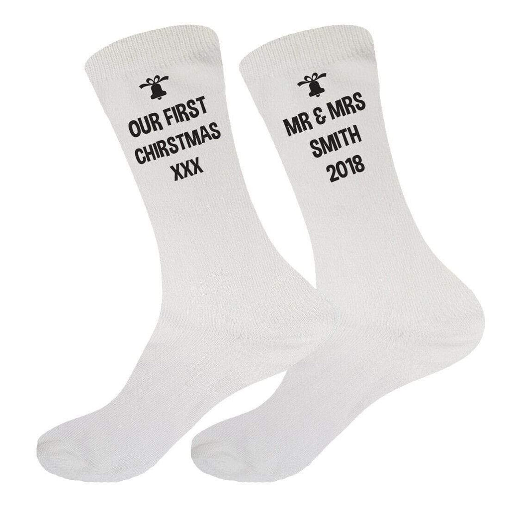 Mens Personalised Our First Mr & Mrs Christmas Socks Sizes 6-11,10-13 Big Foot