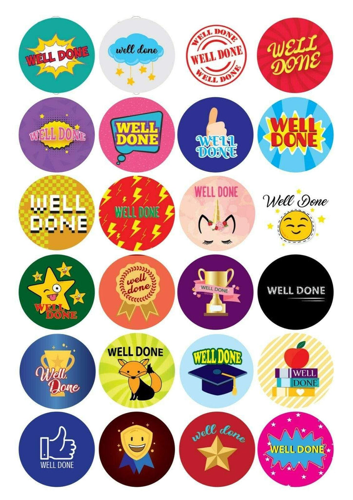 Well Done Celebration School Teacher Stickers Gift Bags Bottles Partys 12 OR 24