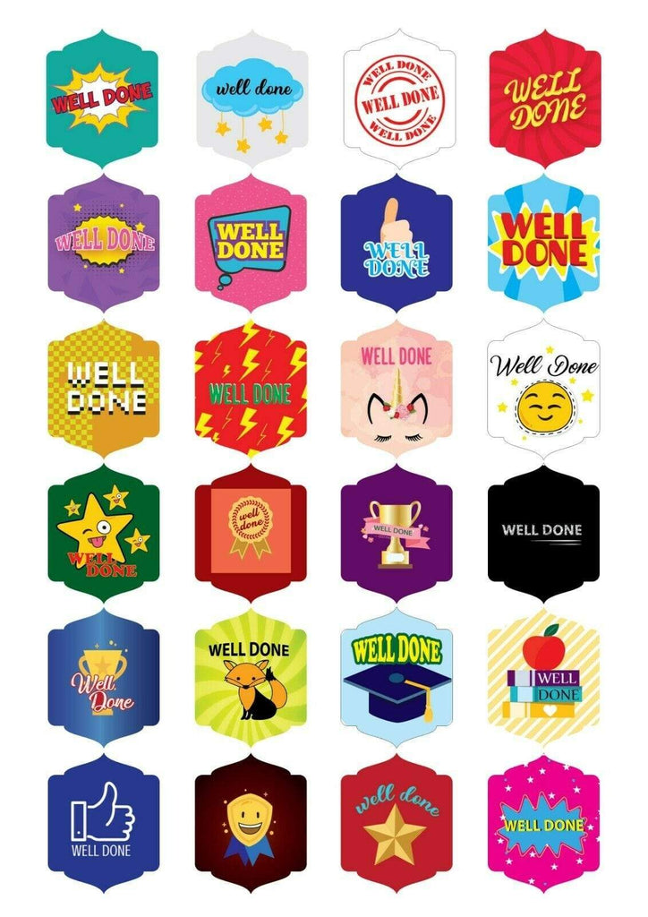 Well Done Celebration School Teacher Stickers Gift Bags Bottles Partys 12 OR 24