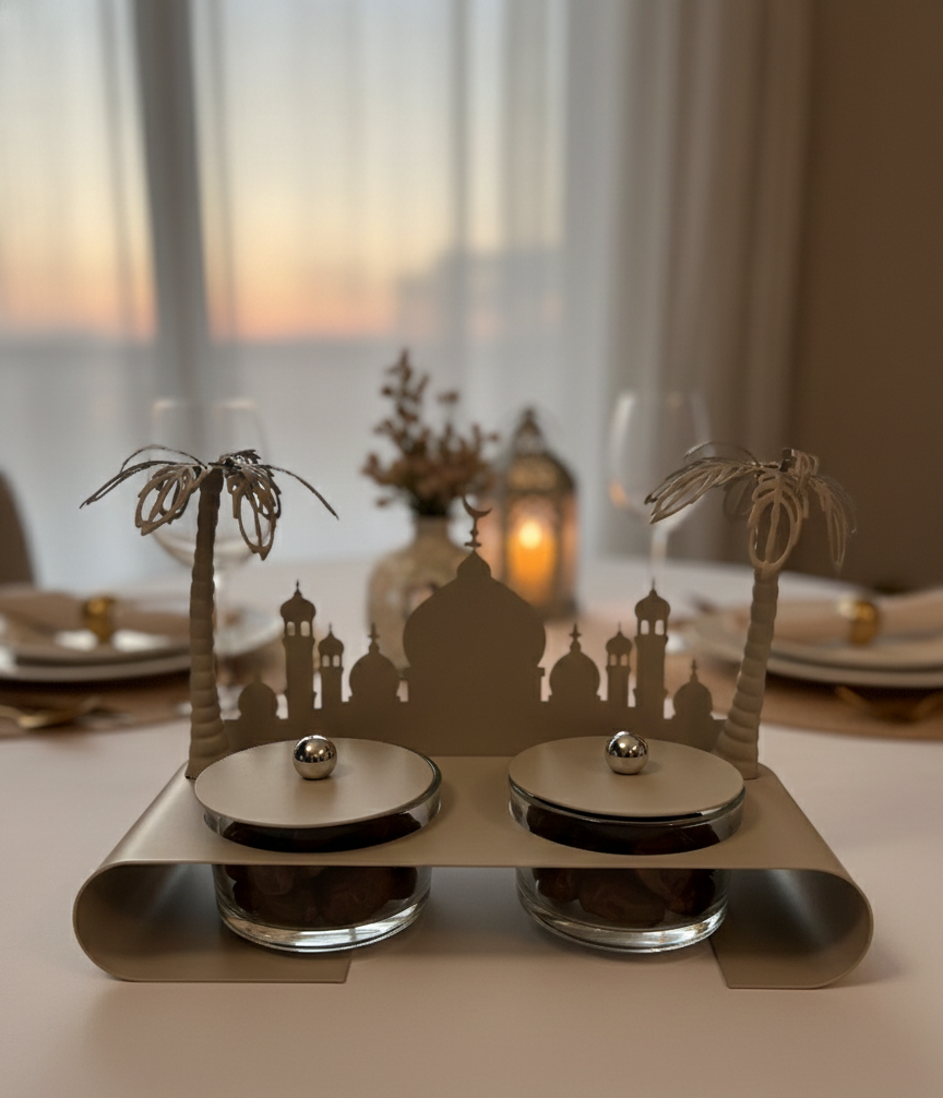 Luxury Ramadan Date Serving Set – Metal & Glass Double Bowl Tray