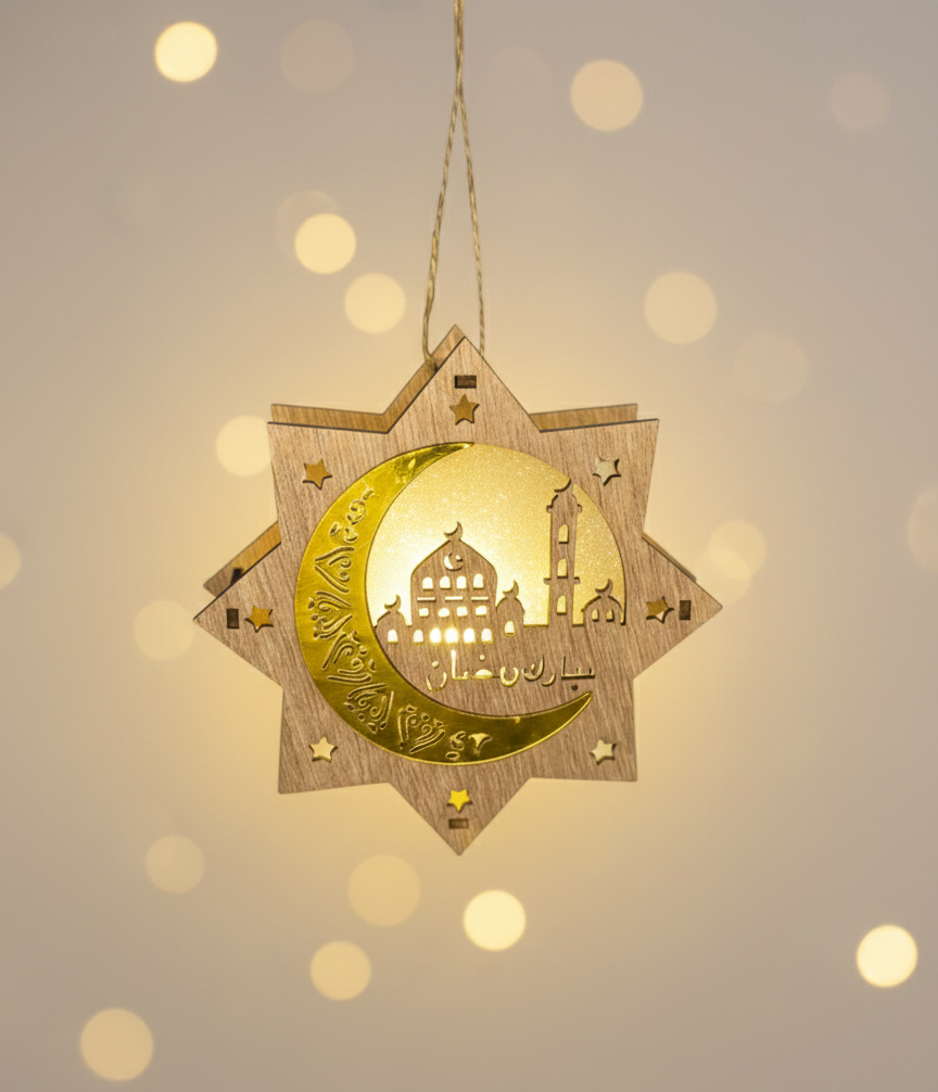 LED Ramadan Wooden Star Ornament – Crescent Mosque Hanging Décor (13cm)