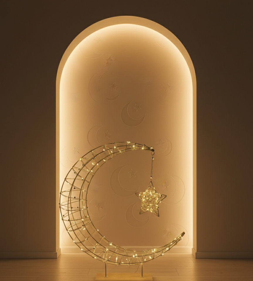 LED Crescent Moon & Star Ramadan Decoration – Illuminated Freestanding Display Large