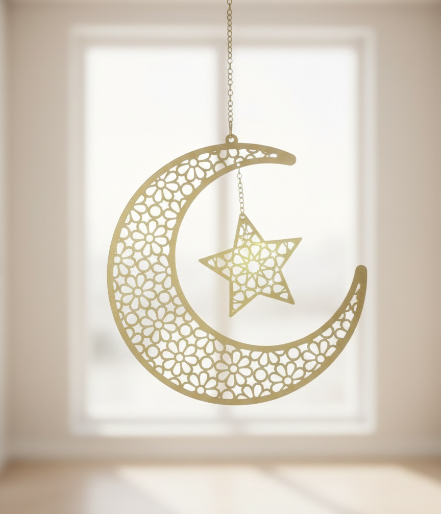 Ramadan Wooden Crescent & Star Hanging Ornament (20cm)