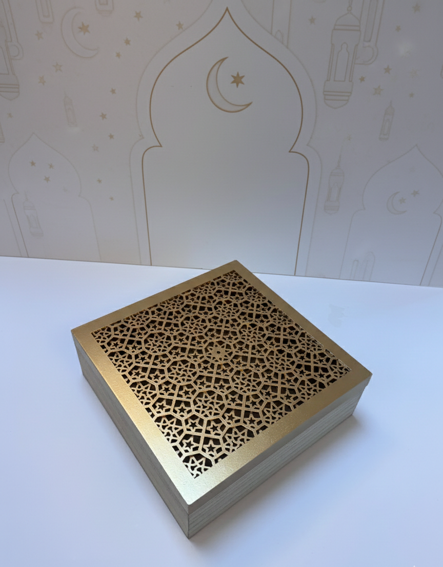 Luxury Ramadan Wooden Gift Box Golden – Decorative Islamic Storage Box