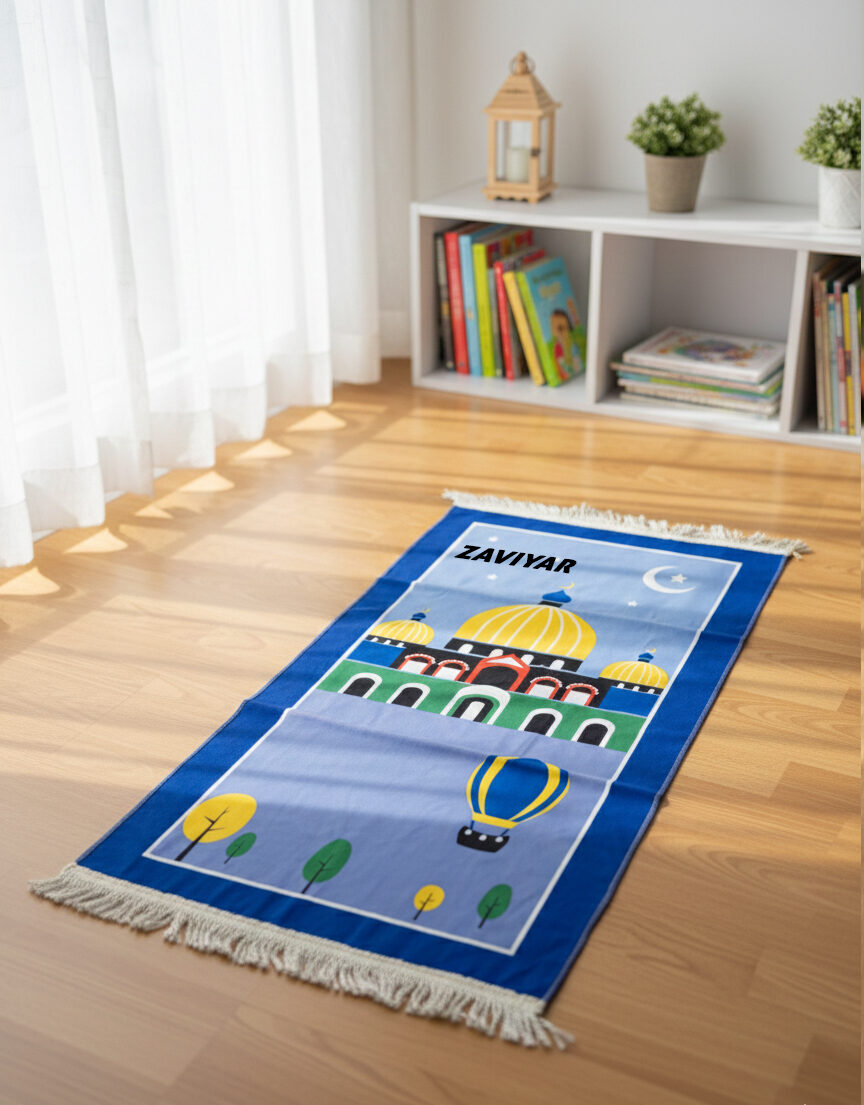Personalised Blue Kids Prayer Mat – Custom Name Children’s Salah Mat (46 × 95cm)