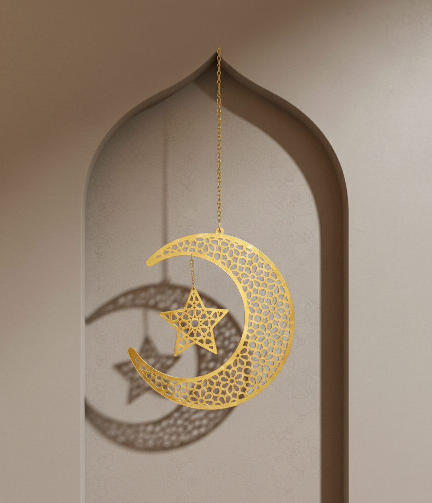 Ramadan Wooden Crescent & Star Hanging Ornament (20cm)